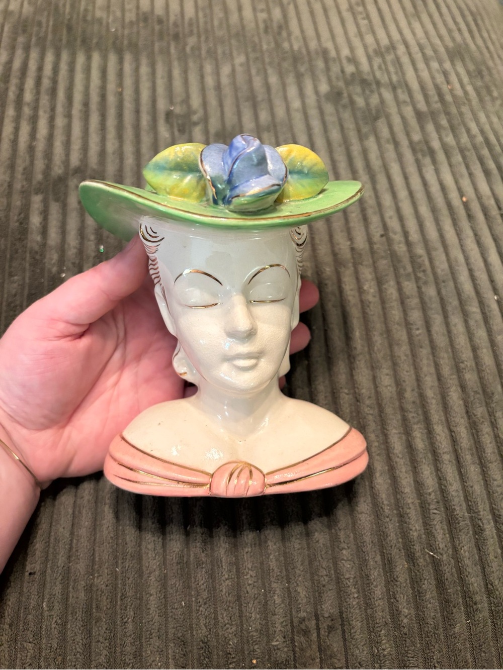 Vintage Ceramic Lady Head Vase with Green Hat and Pink Collar